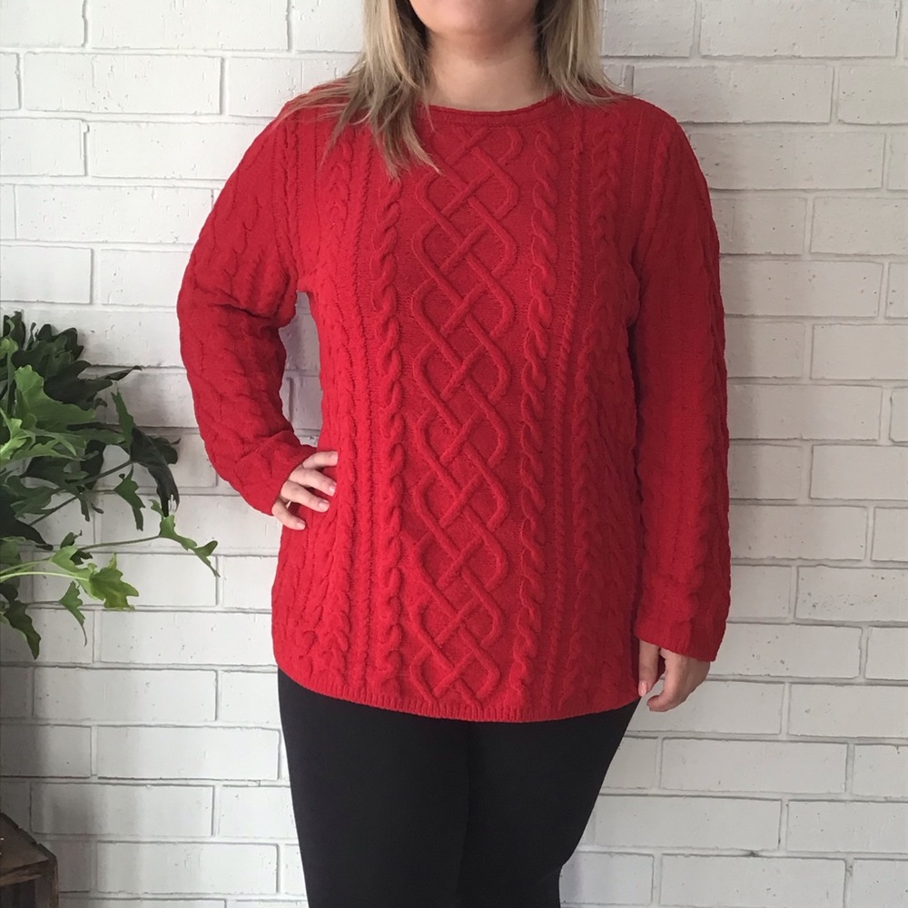 J. JILL Red Cable Knit Chenille Sweater